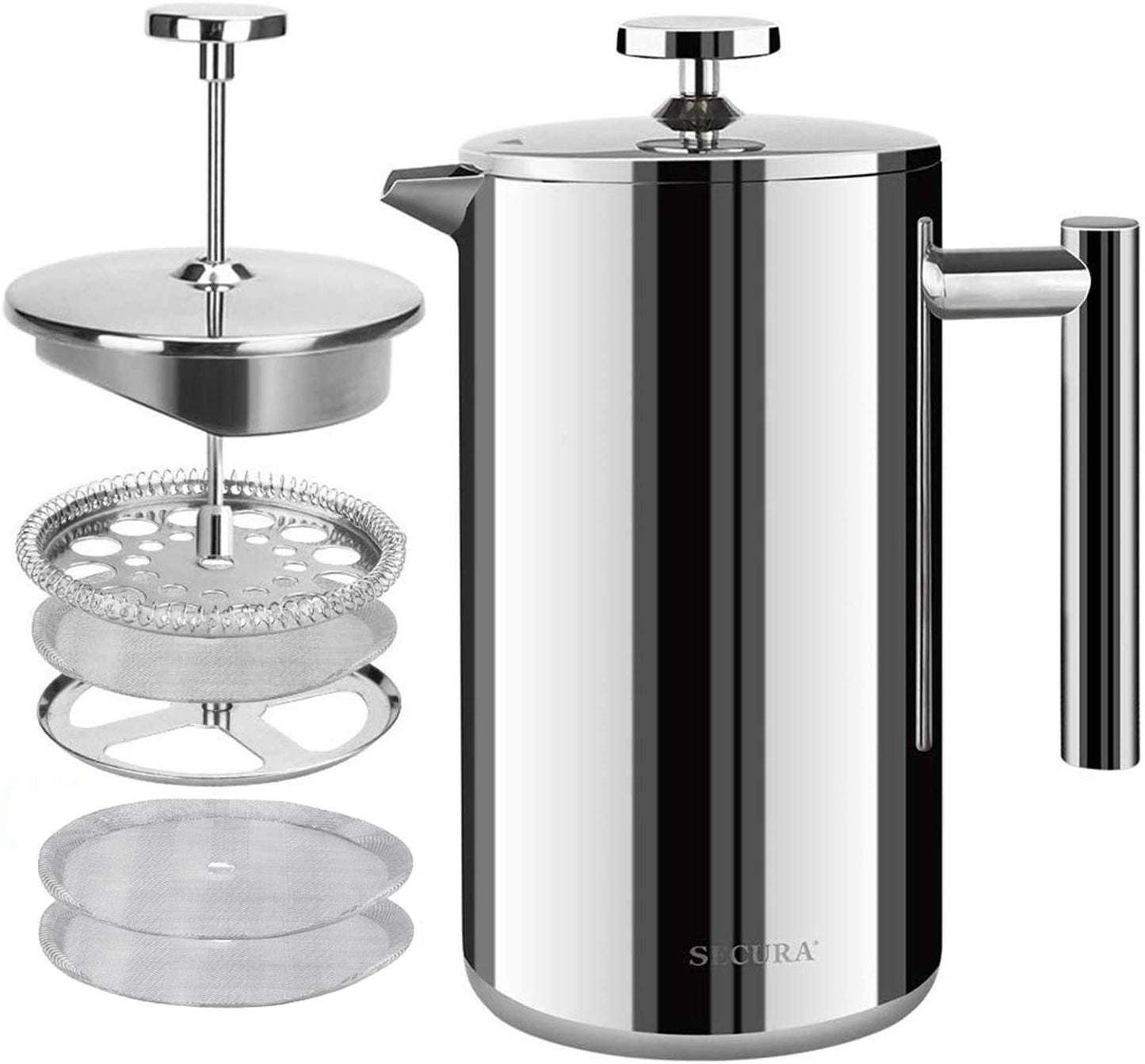 French Press Coffee Maker – 12oz (350ml) Double-Wall Insulated Stainless Steel Coffee Press with 3-Layer Filter, 2 Extra Screens, Dishwasher Safe – Heat Retention, Cool-Touch Handle