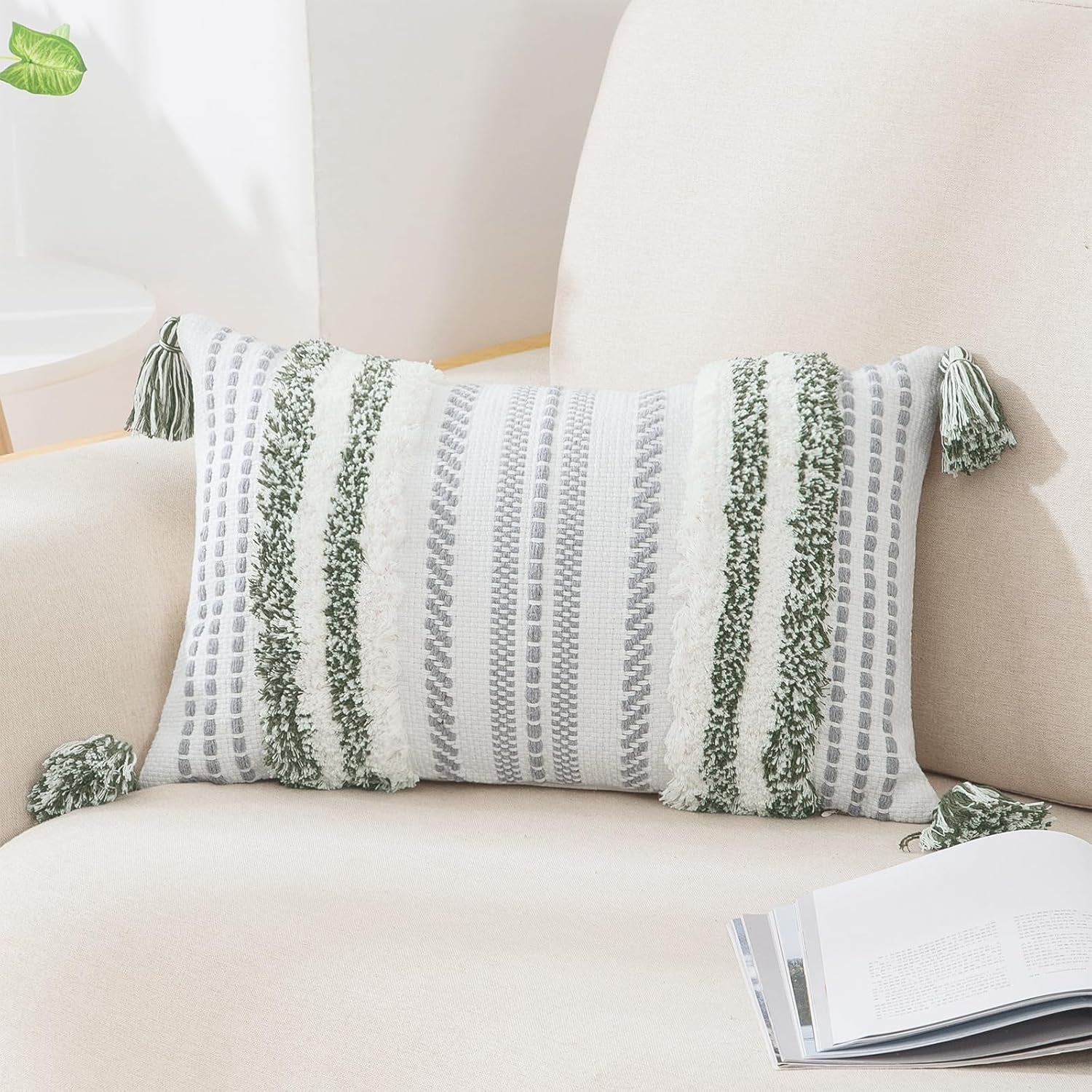 🌿 Boho Throw Pillow Cover 12x20 – Lumbar Accent Cushion with Textured Tufting & Handmade Tassels, Green & Cream White