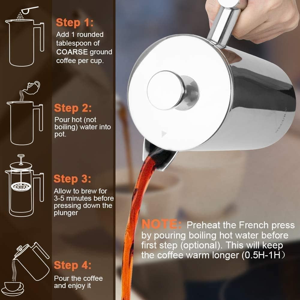 French Press Coffee Maker – 12oz (350ml) Double-Wall Insulated Stainless Steel Coffee Press with 3-Layer Filter, 2 Extra Screens, Dishwasher Safe – Heat Retention, Cool-Touch Handle
