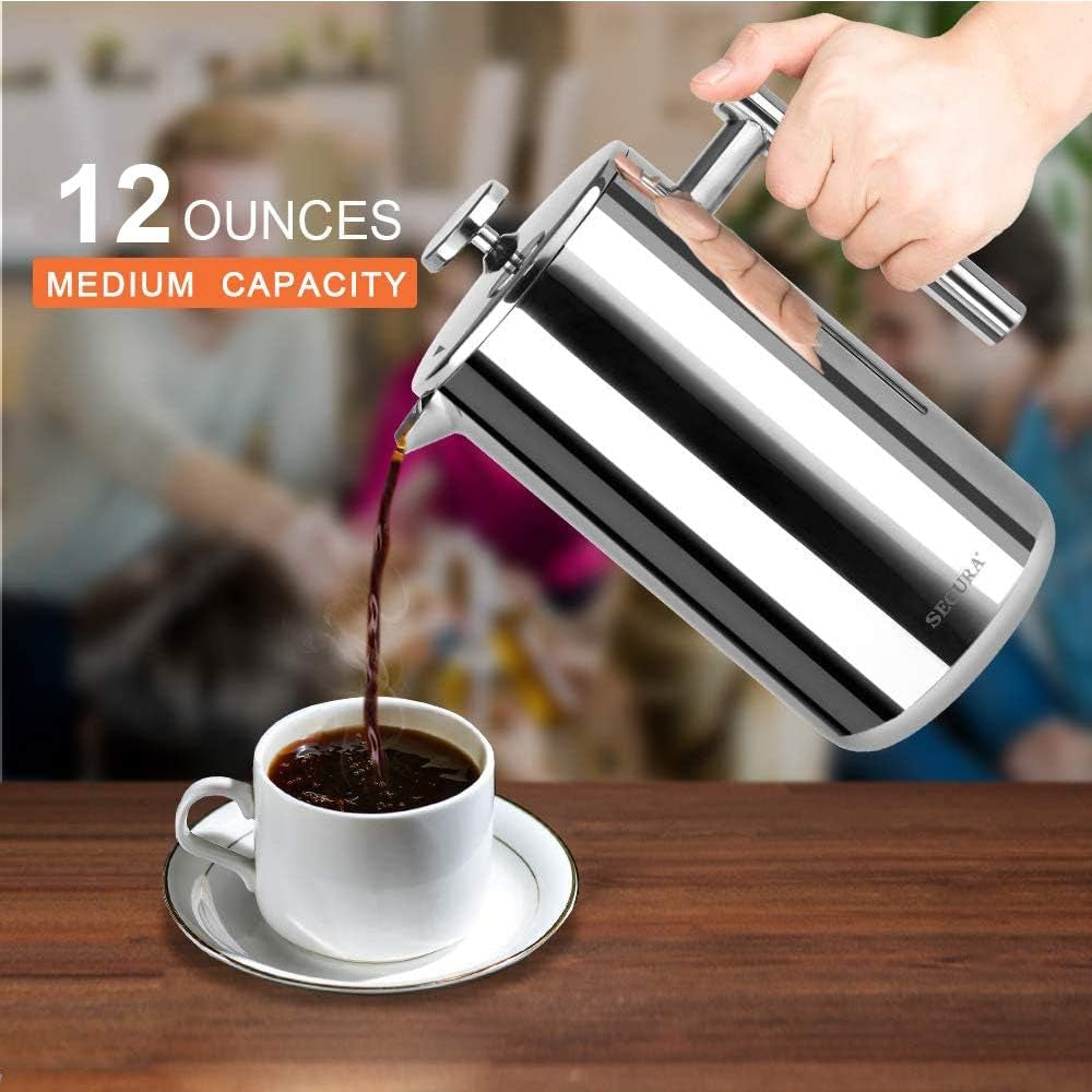 French Press Coffee Maker – 12oz (350ml) Double-Wall Insulated Stainless Steel Coffee Press with 3-Layer Filter, 2 Extra Screens, Dishwasher Safe – Heat Retention, Cool-Touch Handle