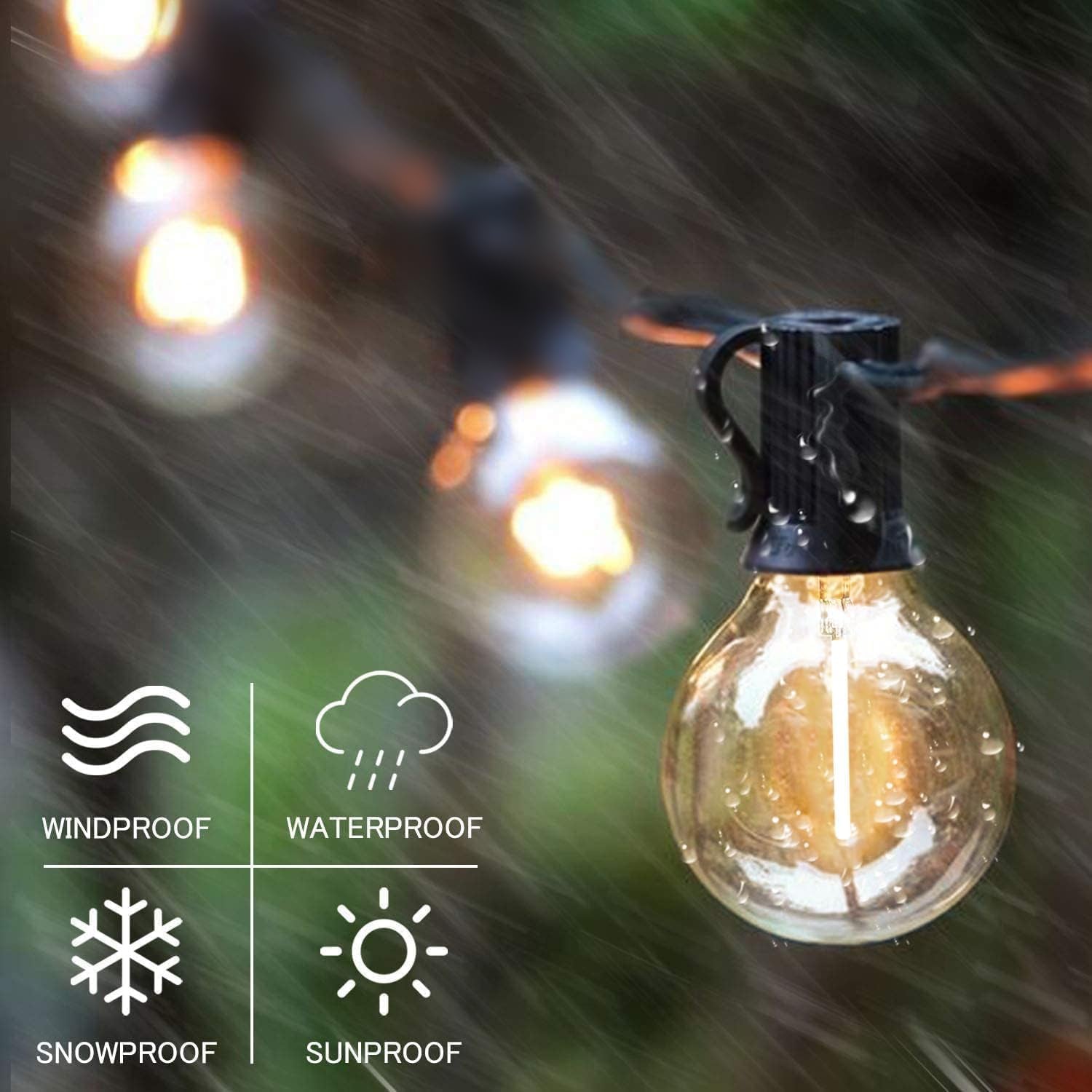 Outdoor String Lights – Waterproof G40 LED Patio Lights with 49 Shatterproof Bulbs (1 Spare), Dimmable & Connectable for Backyard, Garden, Bistro, Camping, Porch & Events