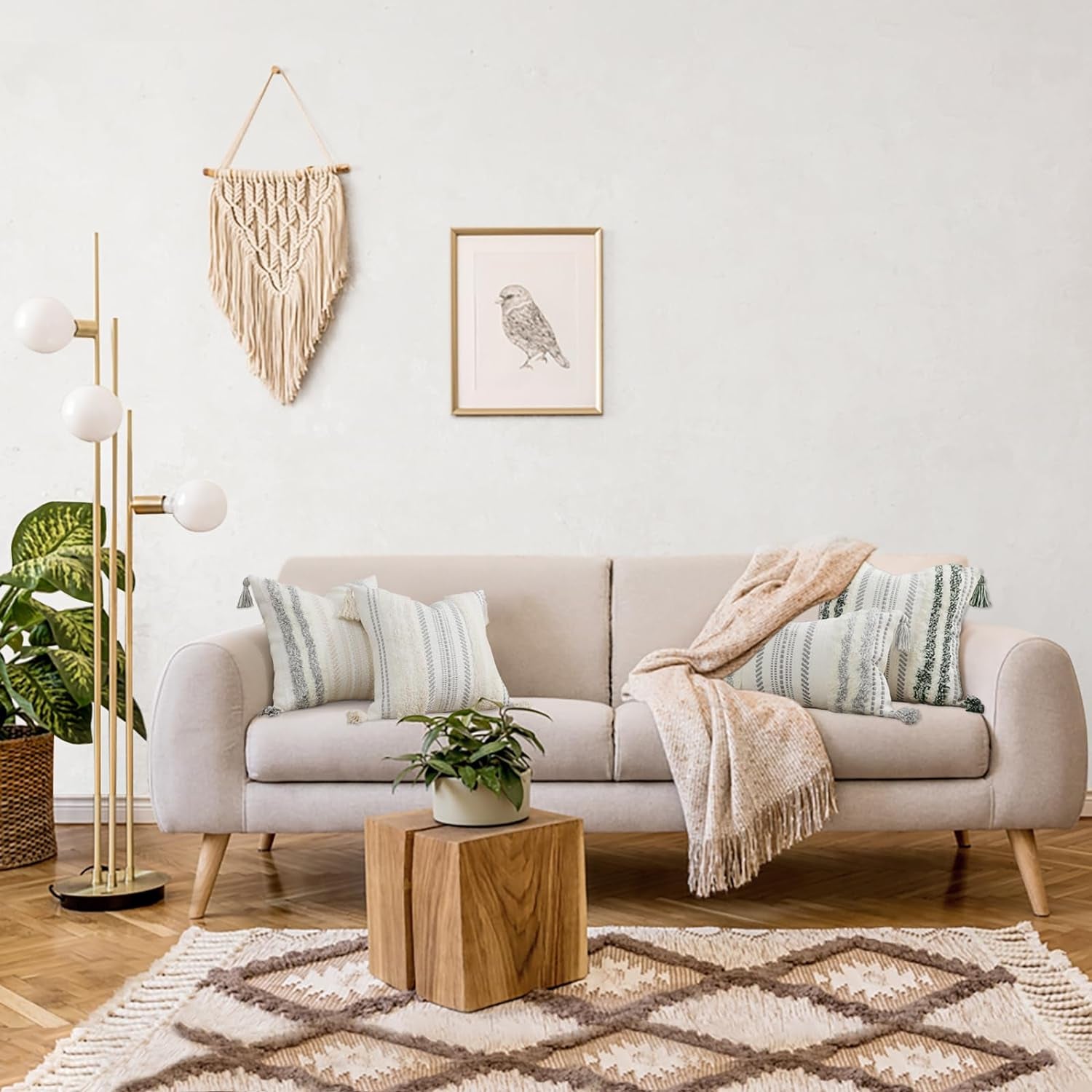 🌿 Boho Throw Pillow Cover 12x20 – Lumbar Accent Cushion with Textured Tufting & Handmade Tassels, Green & Cream White