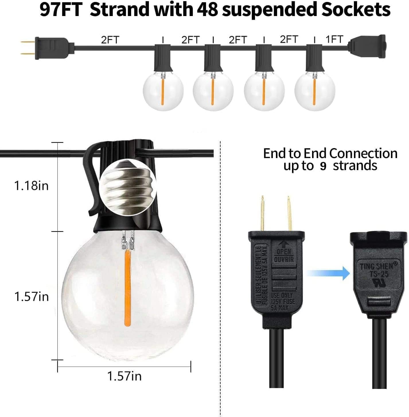 Outdoor String Lights – Waterproof G40 LED Patio Lights with 49 Shatterproof Bulbs (1 Spare), Dimmable & Connectable for Backyard, Garden, Bistro, Camping, Porch & Events