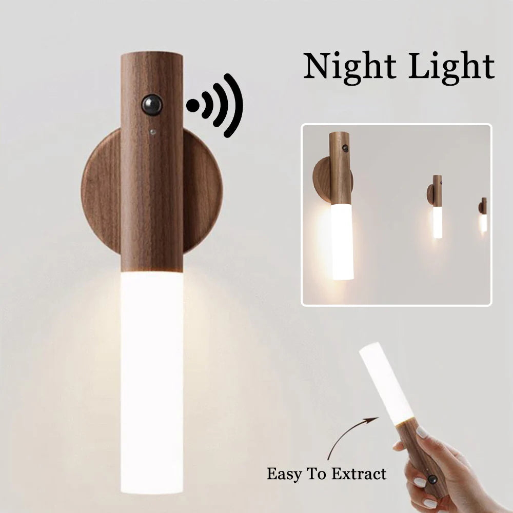 ✨SenseGlide Magnetic Motion Sensor Night Light – Wireless LED Wood-Style Lamp for Home Harmony