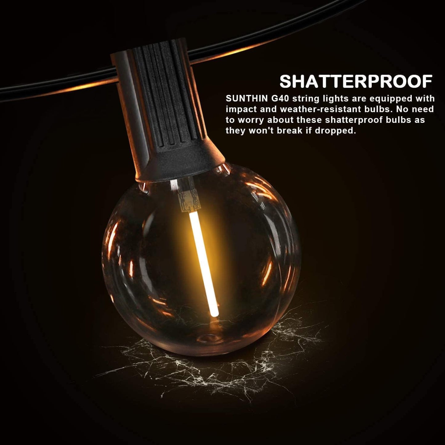 Outdoor String Lights – Waterproof G40 LED Patio Lights with 49 Shatterproof Bulbs (1 Spare), Dimmable & Connectable for Backyard, Garden, Bistro, Camping, Porch & Events