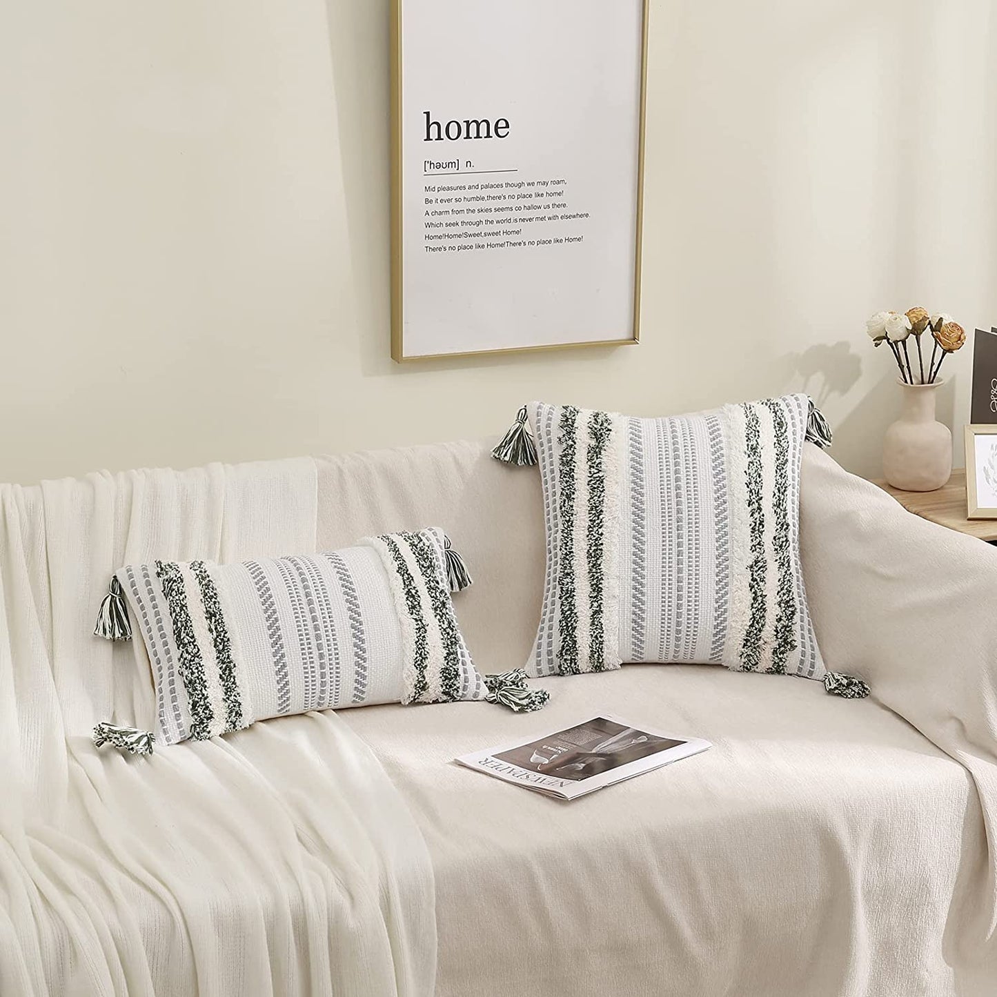 🌿 Boho Throw Pillow Cover 12x20 – Lumbar Accent Cushion with Textured Tufting & Handmade Tassels, Green & Cream White