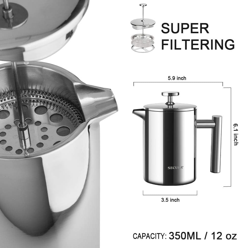 French Press Coffee Maker – 12oz (350ml) Double-Wall Insulated Stainless Steel Coffee Press with 3-Layer Filter, 2 Extra Screens, Dishwasher Safe – Heat Retention, Cool-Touch Handle