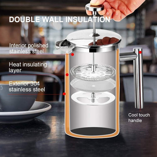 French Press Coffee Maker – 12oz (350ml) Double-Wall Insulated Stainless Steel Coffee Press with 3-Layer Filter, 2 Extra Screens, Dishwasher Safe – Heat Retention, Cool-Touch Handle