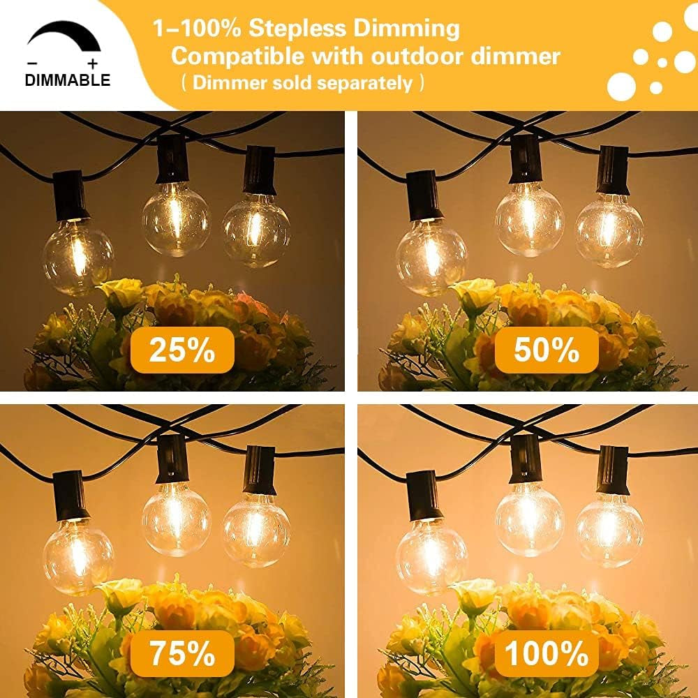 Outdoor String Lights – Waterproof G40 LED Patio Lights with 49 Shatterproof Bulbs (1 Spare), Dimmable & Connectable for Backyard, Garden, Bistro, Camping, Porch & Events