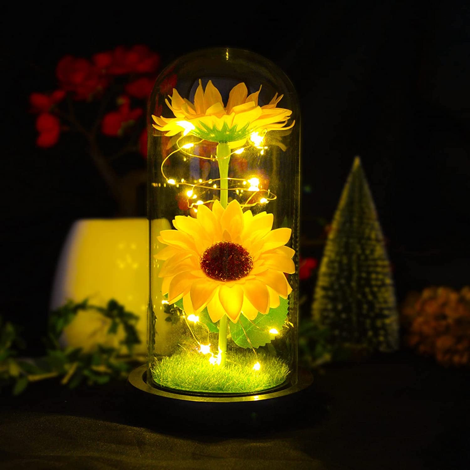 Sunflower Gift for Women – Preserved Artificial Sunflower in Glass Dome with LED Lights | Romantic Birthday, Christmas, Valentine’s, or Mother’s Day Gift