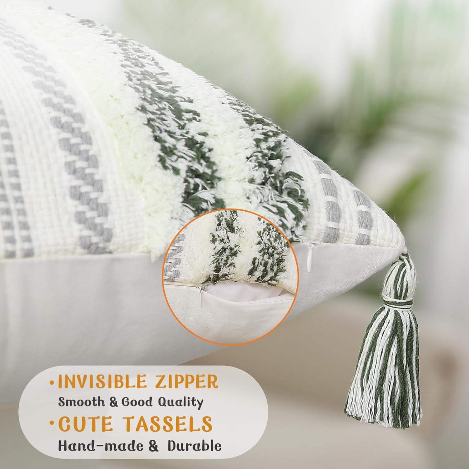 🌿 Boho Throw Pillow Cover 12x20 – Lumbar Accent Cushion with Textured Tufting & Handmade Tassels, Green & Cream White
